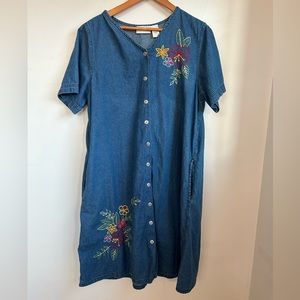 Anthony Richards Denim Dress Womens Embroidered Pockets Midi House Dress